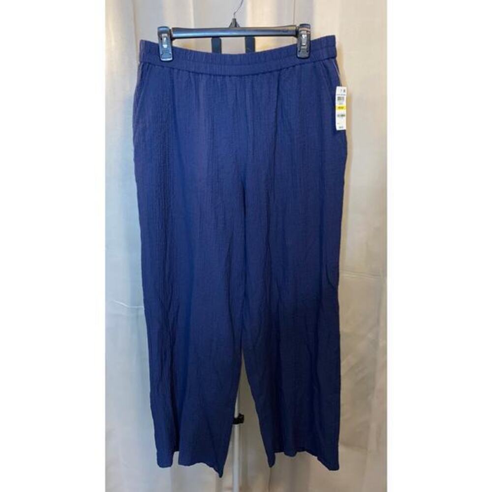 NWT JM Collection Textured Pull On Pants Size Medium Blue Elastic Waist Wide Leg